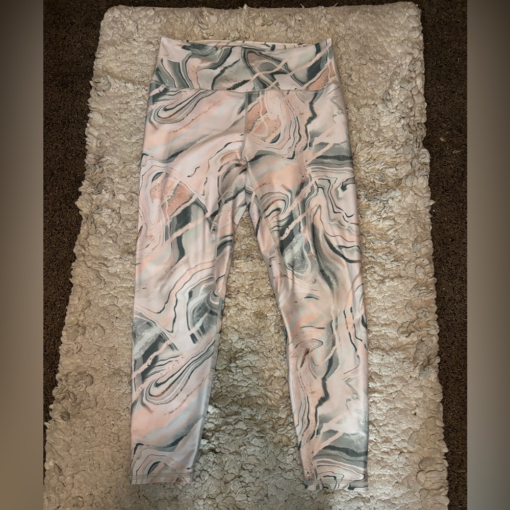 Women's Savvi Marble Print Miya Leggings - White, Light Pink and Green XL